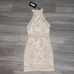 White high neck lace crochet bodycon dress